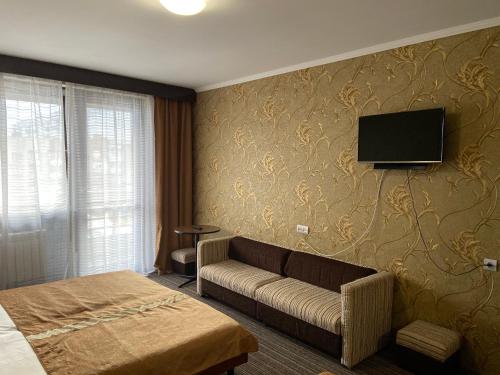 乌日霍罗德Intourist-Zakarpattia Hotel的酒店客房设有一张沙发和一台墙上的电视。
