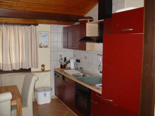 RonshausenType Robinson的一个带红色橱柜和水槽的小厨房
