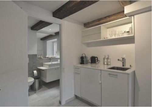 RöschenzRöschenzerhof的白色的厨房设有水槽和卫生间