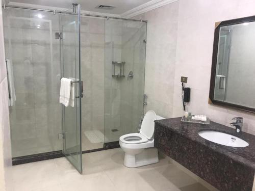 拉希迈尔汗Etihad Club by Faletti's Hotel的带淋浴、卫生间和盥洗盆的浴室