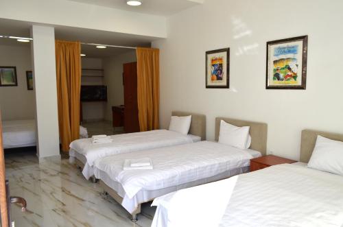 斯科普里Tomce Sofka Apartments的酒店客房,配有3张带白色床单的床