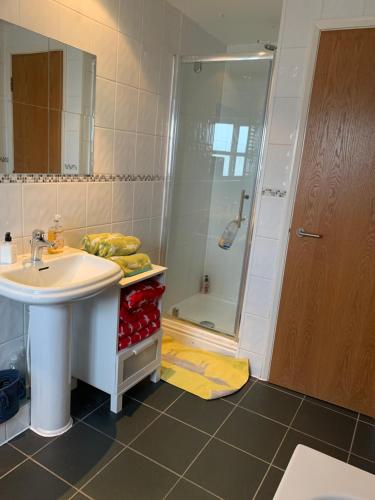 利物浦2 Bed Duplex Penthouse Apartment by Mathew Street Sleeps 6的一间带水槽和淋浴的浴室