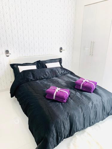 博索莱伊monaco, CHAMBRE LUXE, à 250M casino的两张紫色枕头坐在一张黑色床上