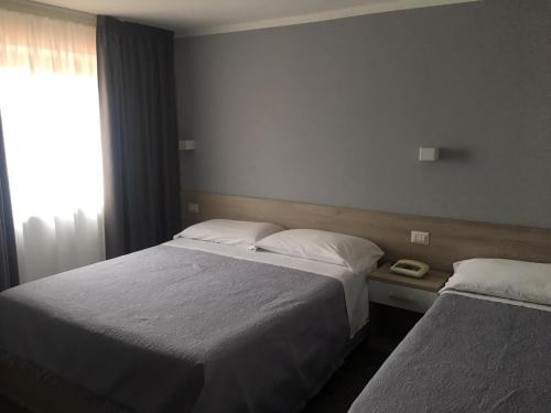 圣欧费米亚拉默齐亚Piccolo Hotel Lamezia的酒店客房设有两张床和窗户。