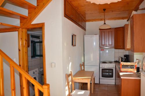 RepanídhionTerra Lemnia B的厨房配有白色冰箱和木制橱柜。