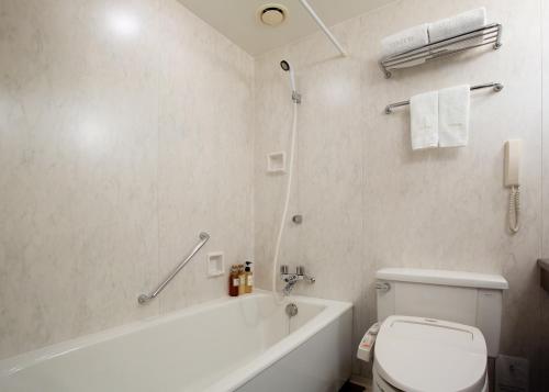 静冈HOTEL GRAND HILLS SHIZUOKA的带浴缸、卫生间和淋浴的浴室。