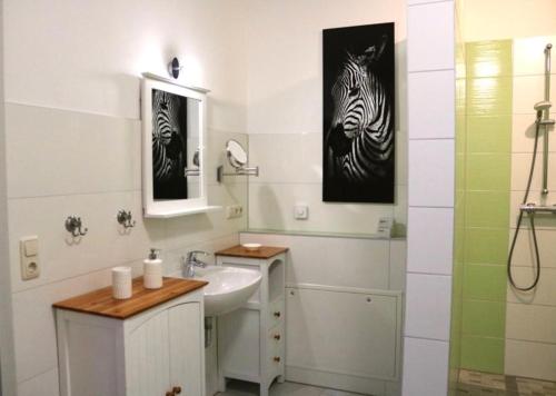 NeußenFerienwohnung Lipizzaner的浴室设有水槽,墙上挂着斑马图