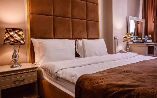 阿拉木图蓝宝石大酒店 的一间卧室配有一张大床和大床头板