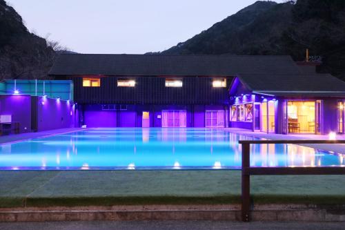 河津町Amis Droles的一座晚上设有游泳池的房子