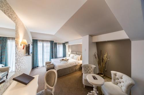 克拉古耶瓦茨Garni Hotel President de Luxe的酒店客房设有床和客厅。