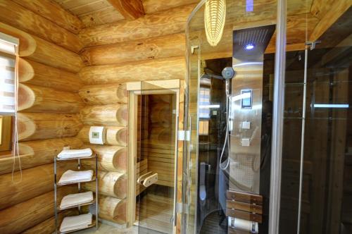 费尔德伯格Luxus-Ferienhaus Blockhaus Chalet Nr 2 Toplage am Feldberg mit Sauna, Outdoor-Hottub, Kamin auf 1300m üM的一间带木制墙壁和淋浴的浴室