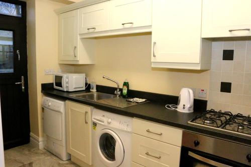 莫纳汉Emy Lake Apartment - near Castle Leslie, Glaslough的厨房配有水槽和洗衣机