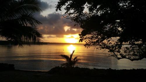 卢甘维尔Santo Seaside Villas的棕榈树的海水上日落