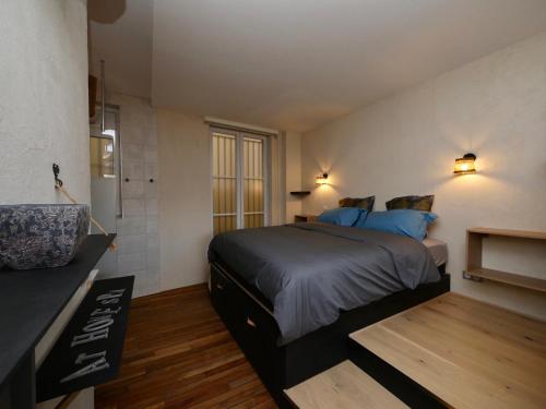 格勒诺布尔Appartement spa privatif Grenoble At Home Spa的一间卧室配有一张带蓝色枕头的大床