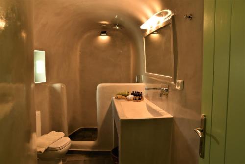 皮尔戈斯晨星传统度假屋的一间带水槽、卫生间和镜子的浴室