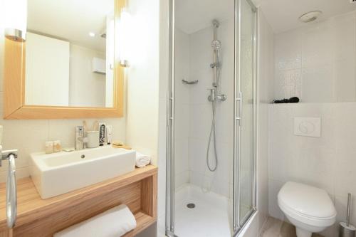 昂蒂布Résidence Pierre & Vacances Premium Port Prestige的带淋浴、盥洗盆和卫生间的浴室
