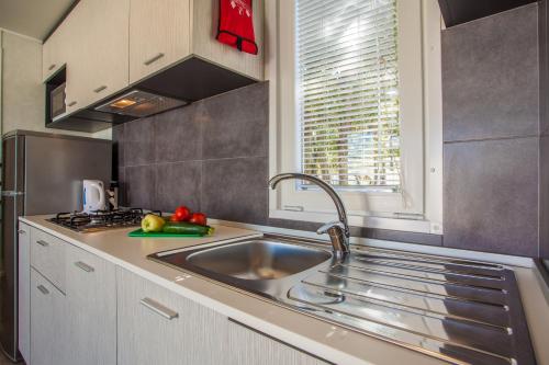 木洛希尼Mobile homes Lussmarin的厨房配有不锈钢水槽和窗户
