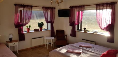 哈德洛姆斯塔泽马乔内旅馆的一间卧室配有床和一个带粉红色窗帘的窗户。