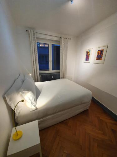 斯特拉斯堡Appartement Strasbourg Cathédrale的卧室配有白色的床和窗户。