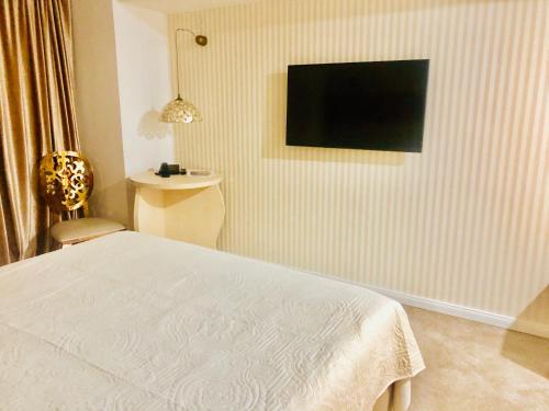 克拉约瓦普拉塞酒店的卧室配有一张床,墙上配有电视
