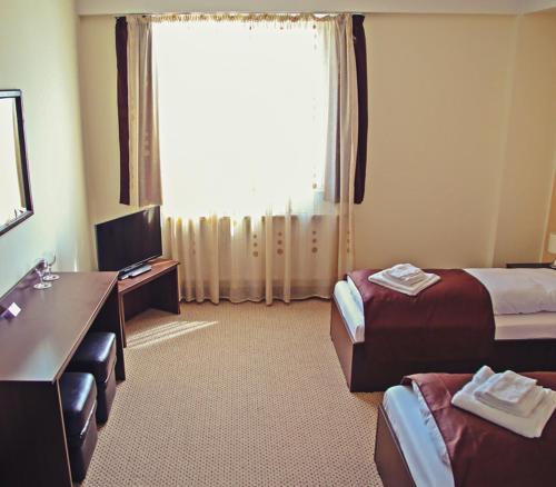 巴亚马雷Cazare Karmina的酒店客房设有两张床、一张书桌和一个窗户。