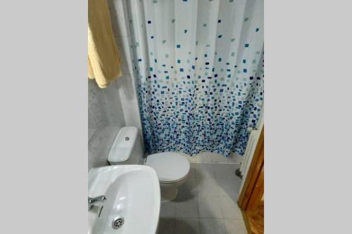 马德里Airport Ifema Barajas Home的一间带卫生间和淋浴帘的浴室