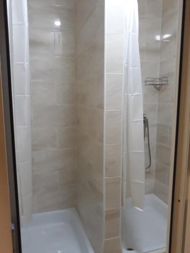 拉希夫Хостел АС Рахів的带淋浴的浴室和玻璃门