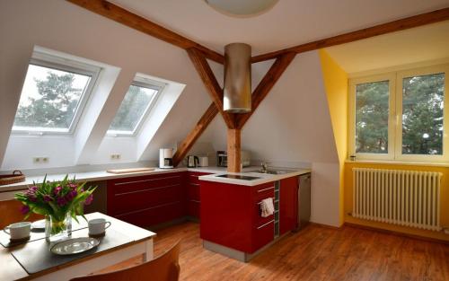 波茨坦Apartment Alter Fritz的一间铺有木地板并配有木梁的大厨房