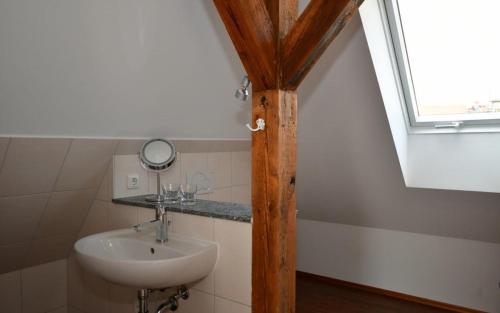 波茨坦Apartment Alter Fritz的一间带水槽和镜子的浴室以及窗户。