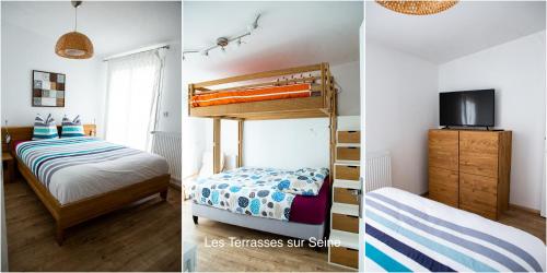 弗农Balcons sur Seine - Vernon Giverny的卧室配有双层床的两张照片