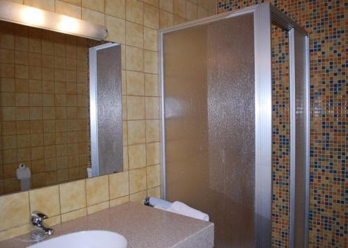 Dorfstetten安革若夫酒店的带淋浴、盥洗盆和镜子的浴室