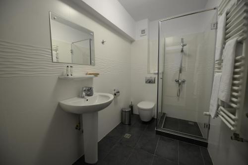 瓦特拉多尔内PENSIUNEA ARINAS的白色的浴室设有水槽和淋浴。