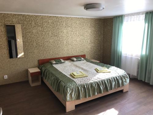 捷克布杰约维采莱斯拉维宾馆的一间卧室配有一张床,上面有两条毛巾