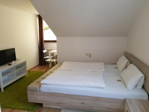 菲希特尔山区巴特贝内克Pension Hofer的一间卧室配有一张大床和电视