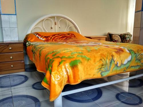 拉巴斯habitación privada y confortable的床上有橙色毯子