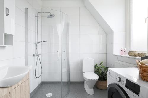 乌普萨拉Linne Studio的带淋浴、卫生间和盥洗盆的浴室