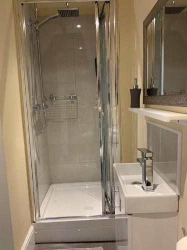 莱斯特Royal Oak Hotel的带淋浴、盥洗盆和卫生间的浴室