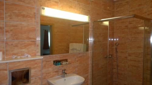 萨拉热窝BM国际酒店的浴室配有盥洗盆和带镜子的淋浴