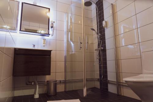 斯德哥尔摩利耶赫门斯施塔特斯酒店的带淋浴的浴室,配有水槽和镜子