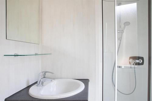 施内沃丁根Ferienhaus Kutschenmeyer的白色的浴室设有水槽和淋浴。