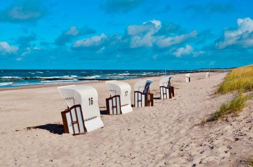 奥茨塞巴德·迪尔哈根Buhne 10 App Nr 26 max 2 Pers的坐在海滩上的一排椅子