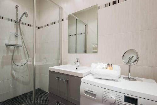里昂les apparts à Albert - authentique et unique的白色的浴室设有水槽和淋浴。