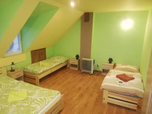Ličartovceprivát femamki的配有绿色墙壁和木地板的客房内的两张床