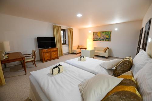 ŘitkaAtrium-Accomm的酒店客房设有两张床和电视。