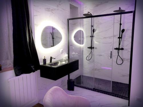 第戎Le Vénus - Appartement SPA Privatif Balnéo Sauna的浴室配有盥洗盆和带镜子的淋浴