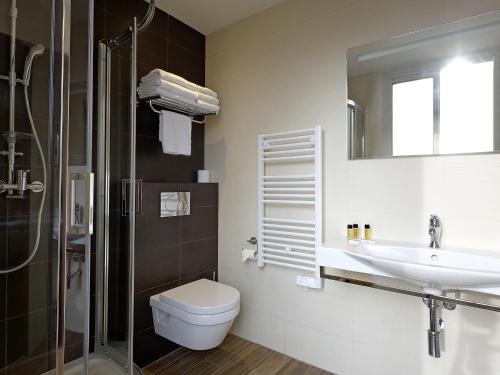 尼斯蓝色精神酒店的一间带水槽、卫生间和镜子的浴室