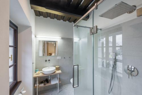 布拉格Fancy apartments by Prague Castle的一间带玻璃淋浴间和水槽的浴室