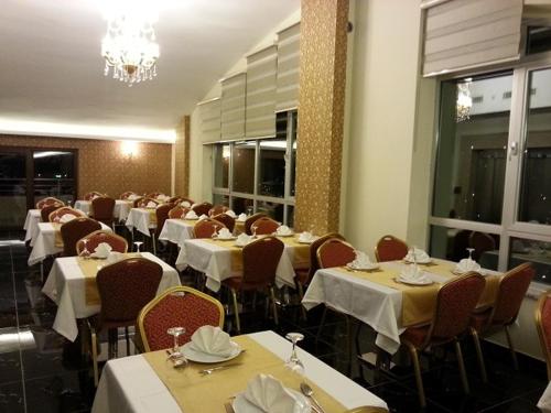 开塞利吉佛尔酒​​店的一间带桌椅和吊灯的用餐室