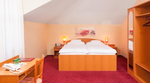 日利纳Penzión Kamélia的酒店客房配有一张床铺、一张桌子和一张书桌。