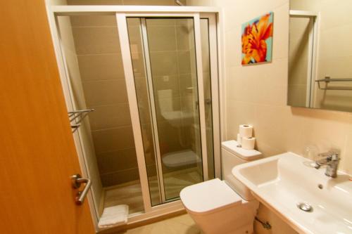 普拉亚Deluxe Aparthotel的带淋浴、卫生间和盥洗盆的浴室